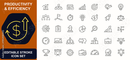 Productivity and efficiency web icons in line style. Leadership, workflow, calendar, chart, teamwork, automation, target, management. Editable stroke. Vector illustration.