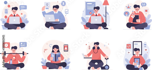 Diverse people engage in various remote work, fitness, and learning activities