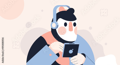 Stylized character with headphones and tablet engaged in digital activity