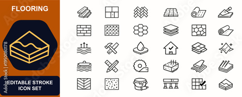 Flooring web icons in line style. Parquet wood planks, tile surface, deck boards, interior material, vinyl pattern, house renovation. Editable stroke. Vector illustration.