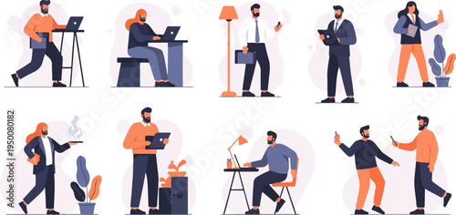 Diverse people engage in various work activities with technology and home elements