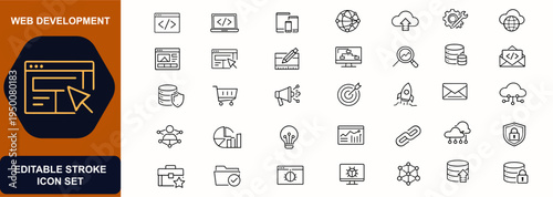 Web development icons in line style set. technology, coding, interface, software, laptop, responsive, network, marketing, portfolio, app, system, data. Editable stroke. Vector illustration.