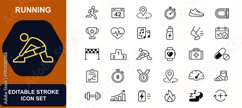 Running web icons in line style. Athlete, marathon, jogging route, stopwatch, sneakers, track, trophy, cardio. Editable stroke. Vector illustration.