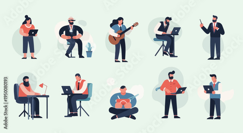 Diverse individuals engaged in work, music, and creative pursuits indoors