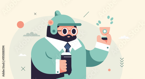 Stylized man with helmet, glasses, and beard holds cup