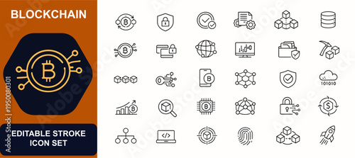 Outline blockchain web icons in line style. Crypto exchange, secure transaction, digital currency, smart contract, database block, lock shield. Editable stroke. Vector illustration.