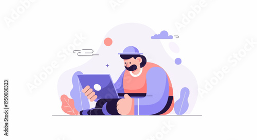 Stylized man with mustache wearing hat and vest uses laptop outdoors