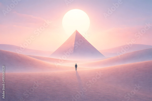 Minimal surreal desert with a lone figure facing a glowing pyramid under a huge sun in soft pastel colored dunes.