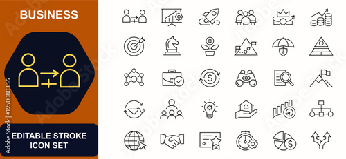 Business web icons in line style. Handshake, finance chart, startup plan, team meeting, leadership training, investment growth, risk management. Editable stroke. Vector illustration.