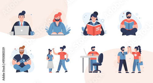 Diverse individuals engaged in work, reading, and collaborative activities