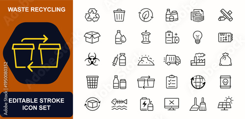 Waste recycling and garbage disposal web icons in line style. Trash sorting, plastic bin, paper recycle, metal scrap, eco pollution. Editable stroke. Vector illustration.