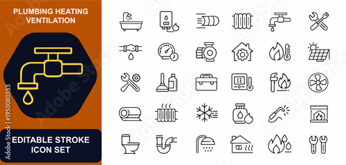 Plumbing heating ventilation web icons in line style. Bathroom, boiler, pipe, radiator, faucet, pump, maintenance, repair, tools, renovation. Editable stroke. Vector illustration.