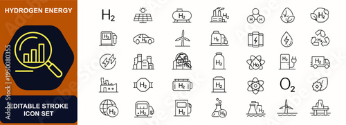 Hydrogen energy web icons in line style. Renewable fuel, solar power, storage tank, chemical plant, eco efficiency, transport car, factory pump. Editable stroke. Vector illustration.