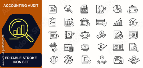 Accounting audit web icons in line style. Finance report, tax document, payment invoice, banking ledger, revenue chart, fraud shield. Editable stroke. Vector illustration.
