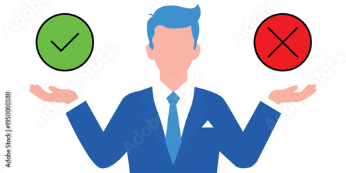 Businessman in blue suit choosing between right and wrong options