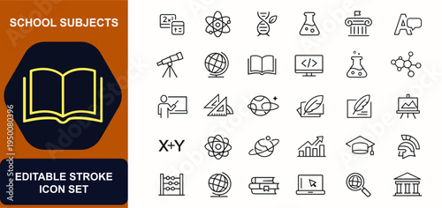 School subjects web icons in line style. Mathematics, biology, chemistry, history, language, science, globe, textbook, classroom, algebra. Editable stroke. Vector illustration.