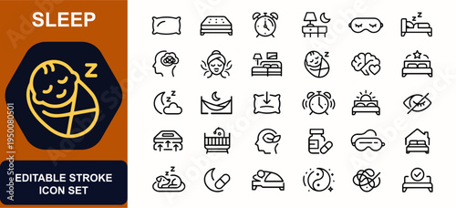 Sleep web icons in line style. Pillow, mattress, alarm clock, bedtime, insomnia care, wellness mask, bedroom rest, baby sleep, mental health, hotel bed. Editable stroke. Vector illustration.