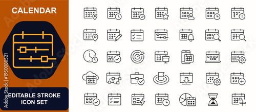 Calendar web icons in line style. Planner, timeline, meeting, reminder, office schedule, clock event, task manager, agenda checklist. Editable stroke. Vector illustration.