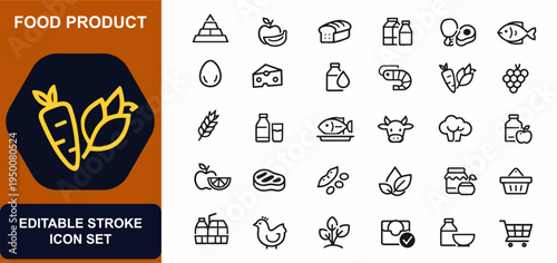 Food product classification web icons in line style. Grocery market, nutrition pyramid, bakery bread, dairy milk, seafood fish, organic vegetable. Editable stroke. Vector illustration.