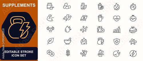 Supplements web icons in line style. Protein powder, vitamin capsule, herbal bottle, detox drink, metabolism boost, muscle energy. Editable stroke. Vector illustration.