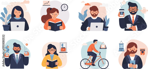 Diverse individuals engaged in work, reading, cycling, and enjoying beverages (1)