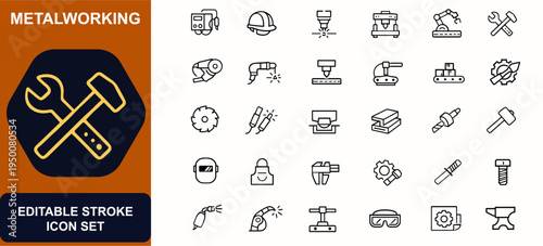 Metalworking web icons in line style. Welding machine, safety helmet, laser cutter, steel press, assembly line, factory tools. Editable stroke. Vector illustration.