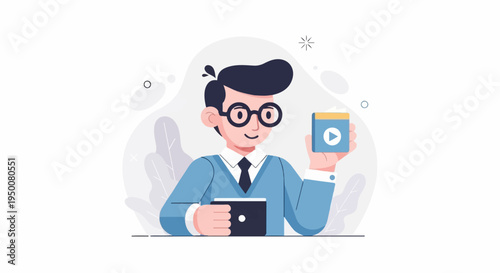 Stylized man in blue sweater, glasses, holding video player device