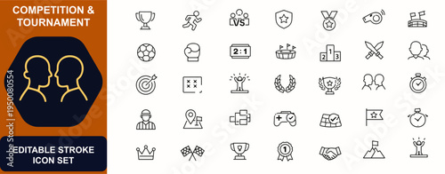 Competition and tournament symbols web icons in line style. Trophy, athlete, match, league, medal, referee, stadium, challenge, strategy, winner. Editable stroke. Vector illustration.