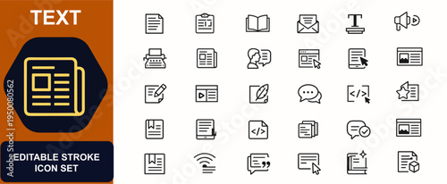 Text web icons in line style. Document, clipboard, book, letter, typing tool, publication, author, message, digital content, design media. Editable stroke. Vector illustration.