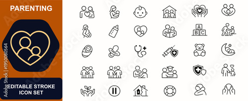 Parenting web icons in line style. Family care, baby, adoption, maternity, child development, education, discipline, support shield. Editable stroke. Vector illustration.