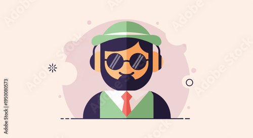 Stylized cartoon man wearing headphones, round sunglasses, and a hat