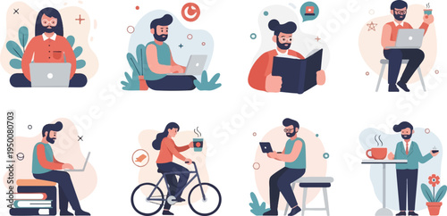 Diverse individuals engaged in work, reading, cycling, and enjoying beverages
