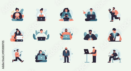 Diverse individuals engaged in work, some with laptops, some with documents