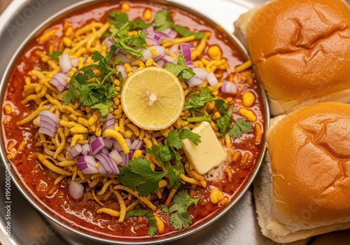A plate of misal pav, a popular indian street food dish with spicy curry and bun