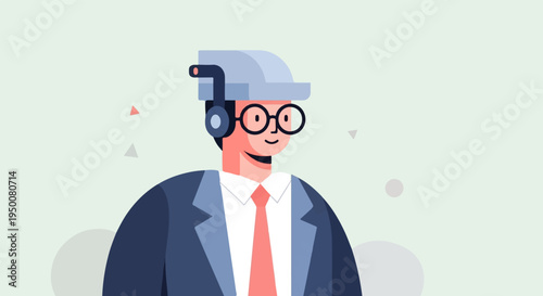 Stylized cartoon man in suit, glasses, and headset with abstract shapes