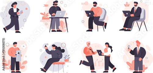 Diverse individuals engaged in various work-related activities, some with technology