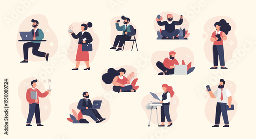 Diverse individuals engaging in various activities, including laptop use, reading, and phone calls