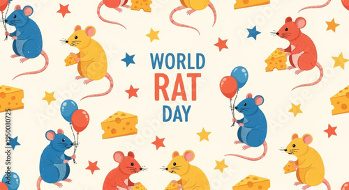 Colorful cartoon rats celebrate world rat day with balloons and cheese on cream background