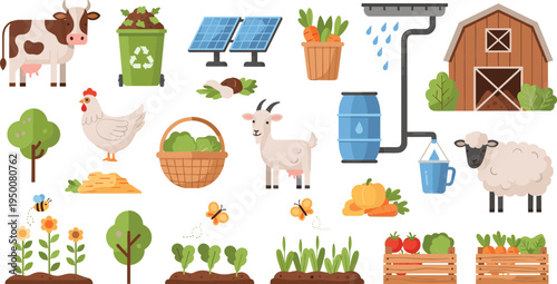 Sustainable Farming and Agriculture Elements Set with Farm Animals Solar Panels Recycling Organic Garden Vector Illustration