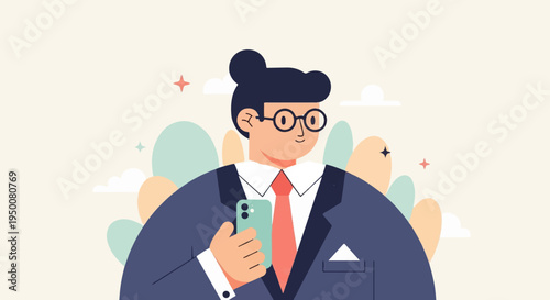 Stylized cartoon person in suit holding a smartphone with a soft pastel background