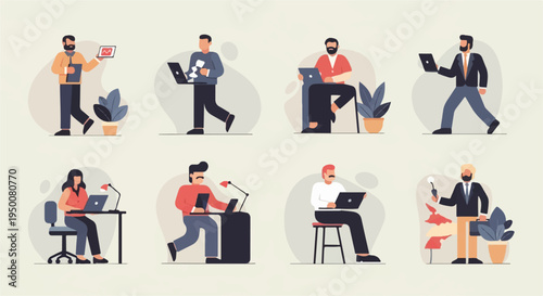 Diverse individuals engaged in various work-related activities using technology