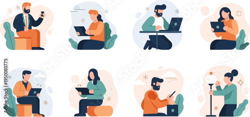 Stylized people working and using devices in abstract settings
