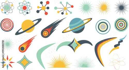 Space Astronomy Elements Set with Planets Atoms Comets Stars Sunbursts Retro Cosmic Science Vector Illustration Collection