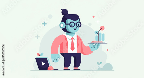 Stylized person holding tray with growth chart and laptop