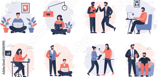 Diverse individuals engaged in work and leisure activities, some with laptops