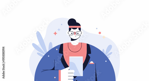 Stylized person in a blue jacket holding a document with a headband