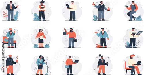 Diverse individuals engaged in various tasks, holding devices and bags