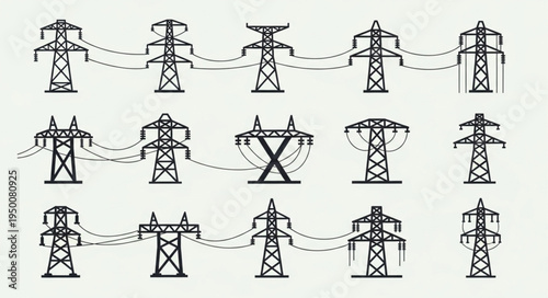 Collection of Electricity Pylon Silhouettes for Energy Transmission.