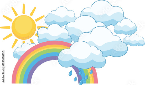 rainbow, sun, clouds, rain, weather, cartoon, sky, nature, colorful, climate, sunshine, storm, illustration, vector, cute, meteorology, forecast, environment, atmosphere, rainy, sunny, design