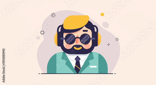 Stylized illustration of a man with beard, glasses, headphones and suit